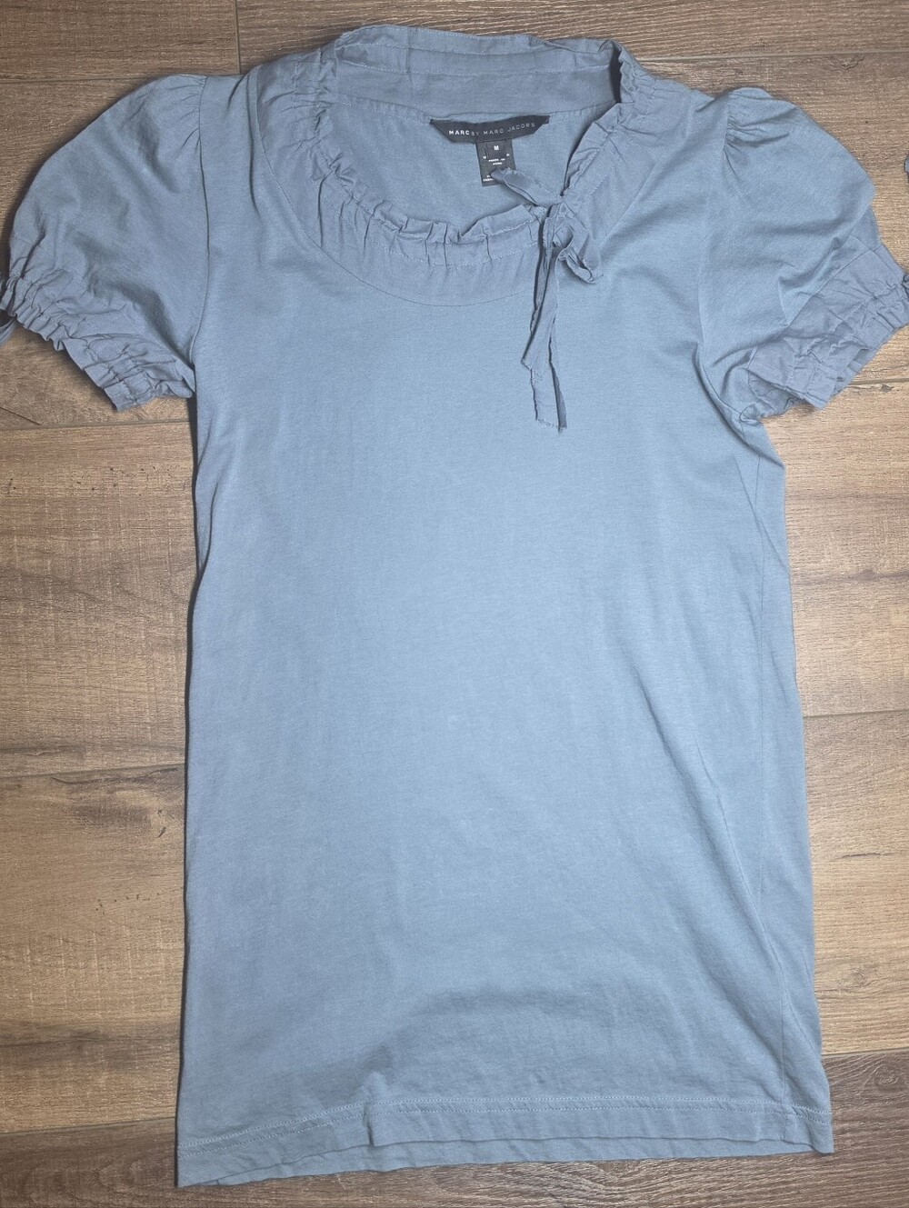 Marc by Marc Jacobs Blue Ruffle Tie Neck Puff Sleeve Cotton Top Size M